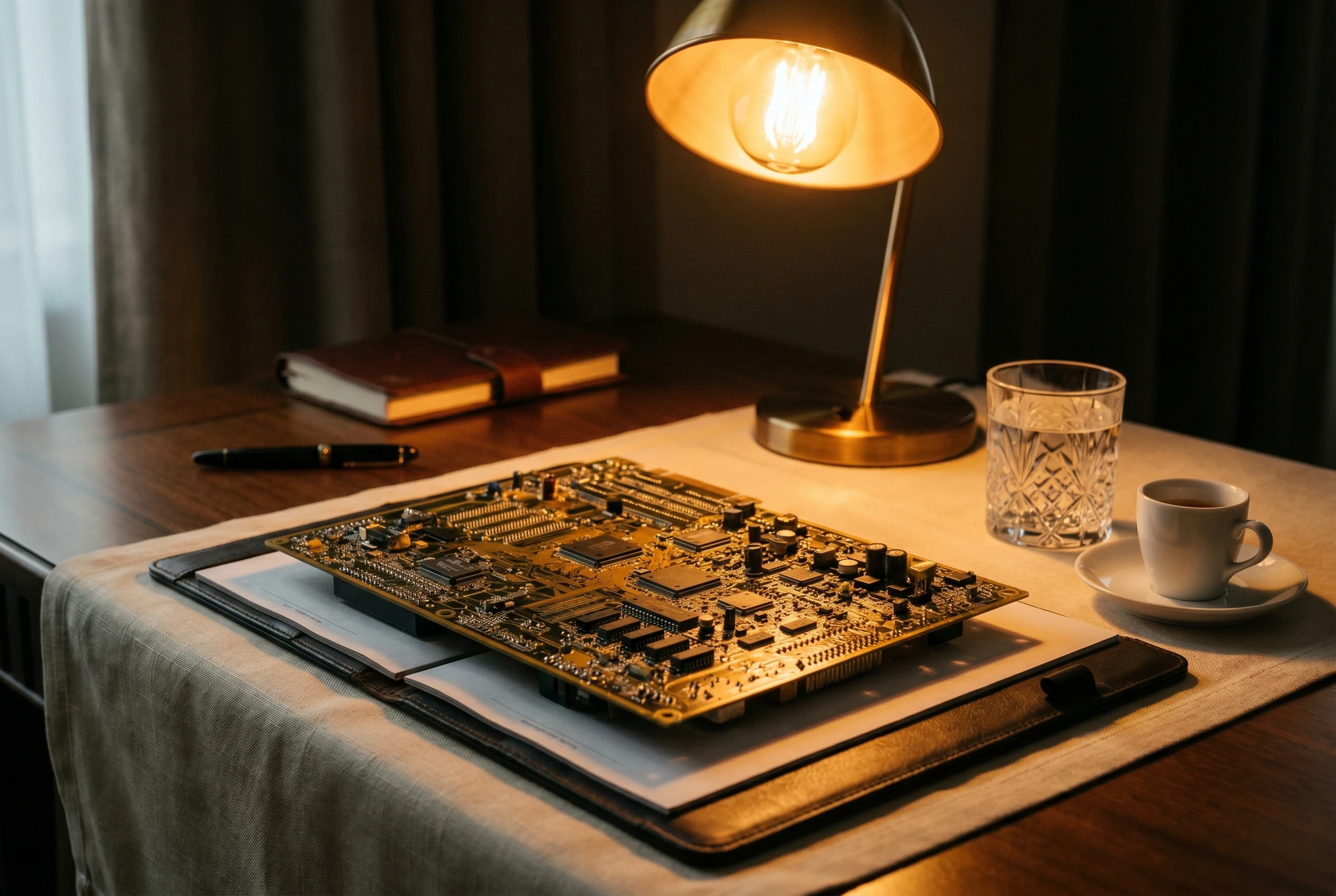 Printed circuit board on leather hotel notepad, brass tungsten lamp