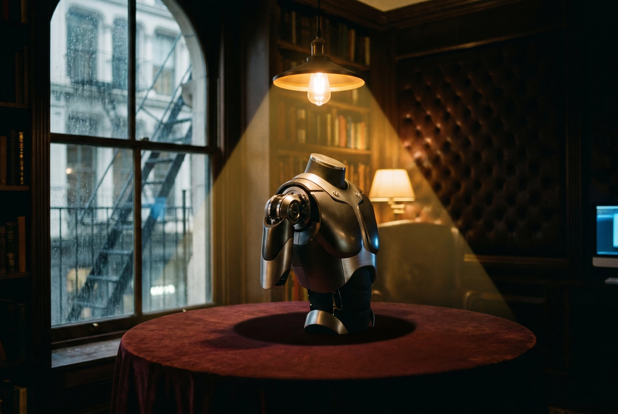 Humanoid robotics torso on oxblood velvet, private reading room