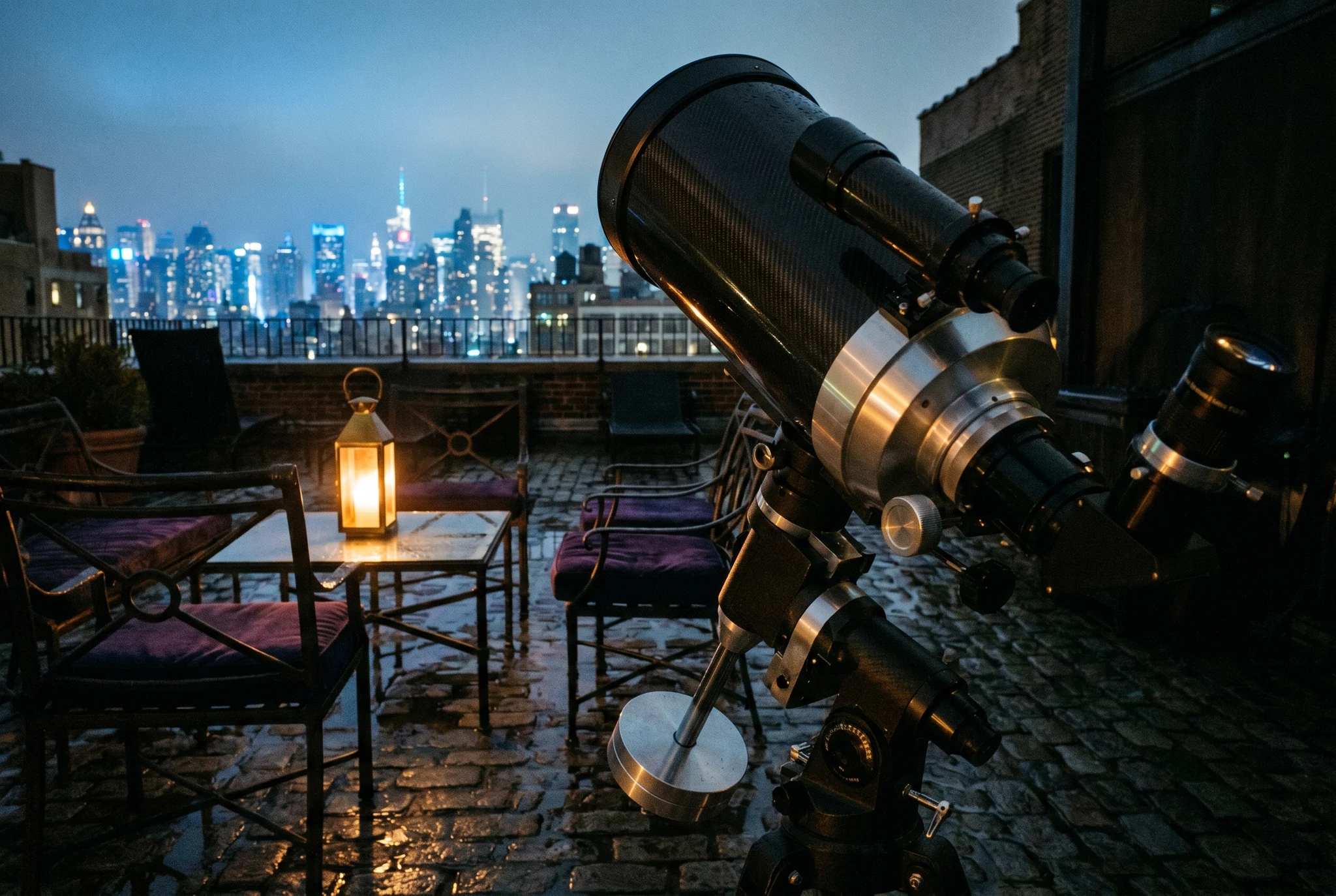 Precision telescope on wet SoHo terrace, NYC skyline