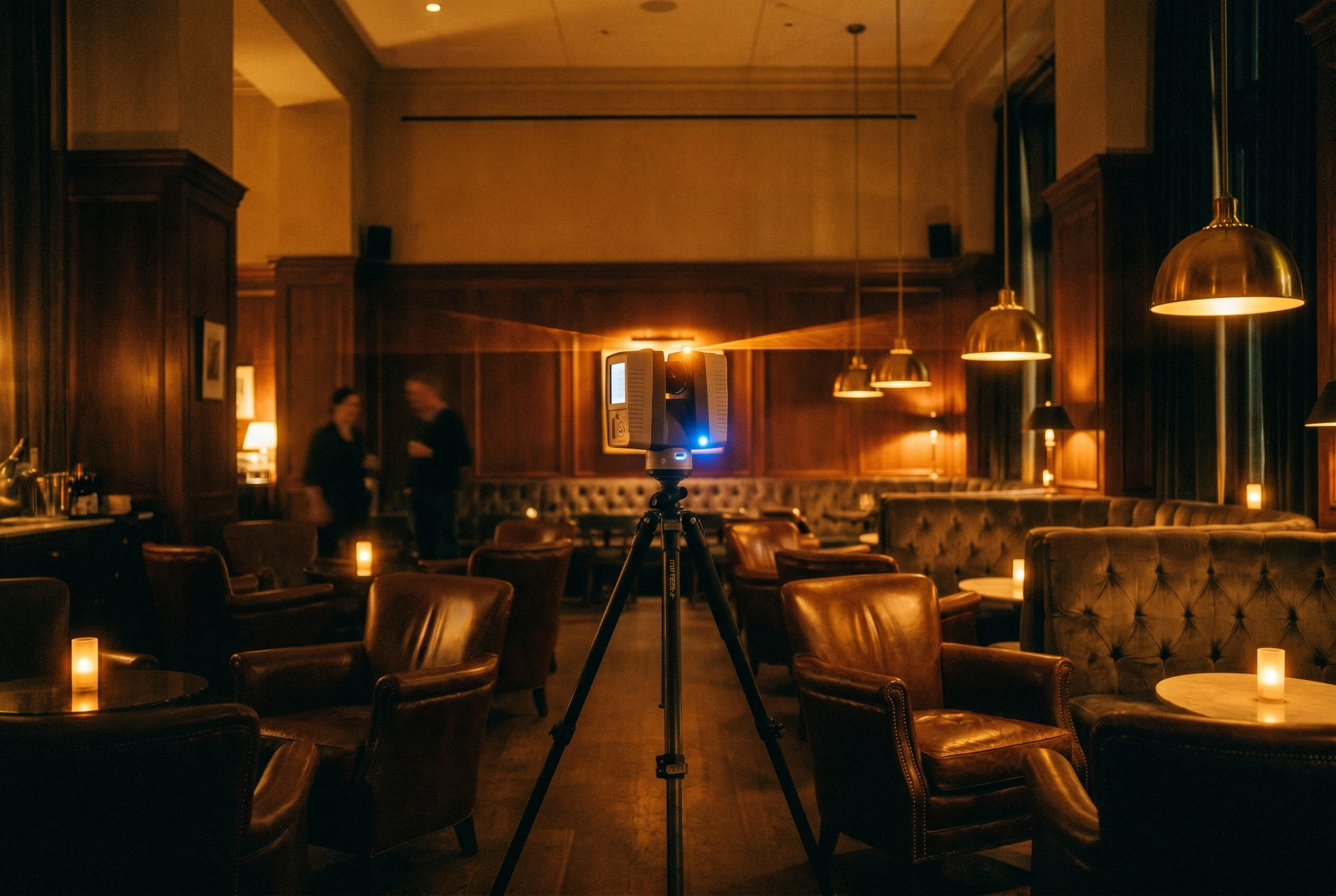 LiDAR scanner in mahogany lounge, machine at work in warm social space