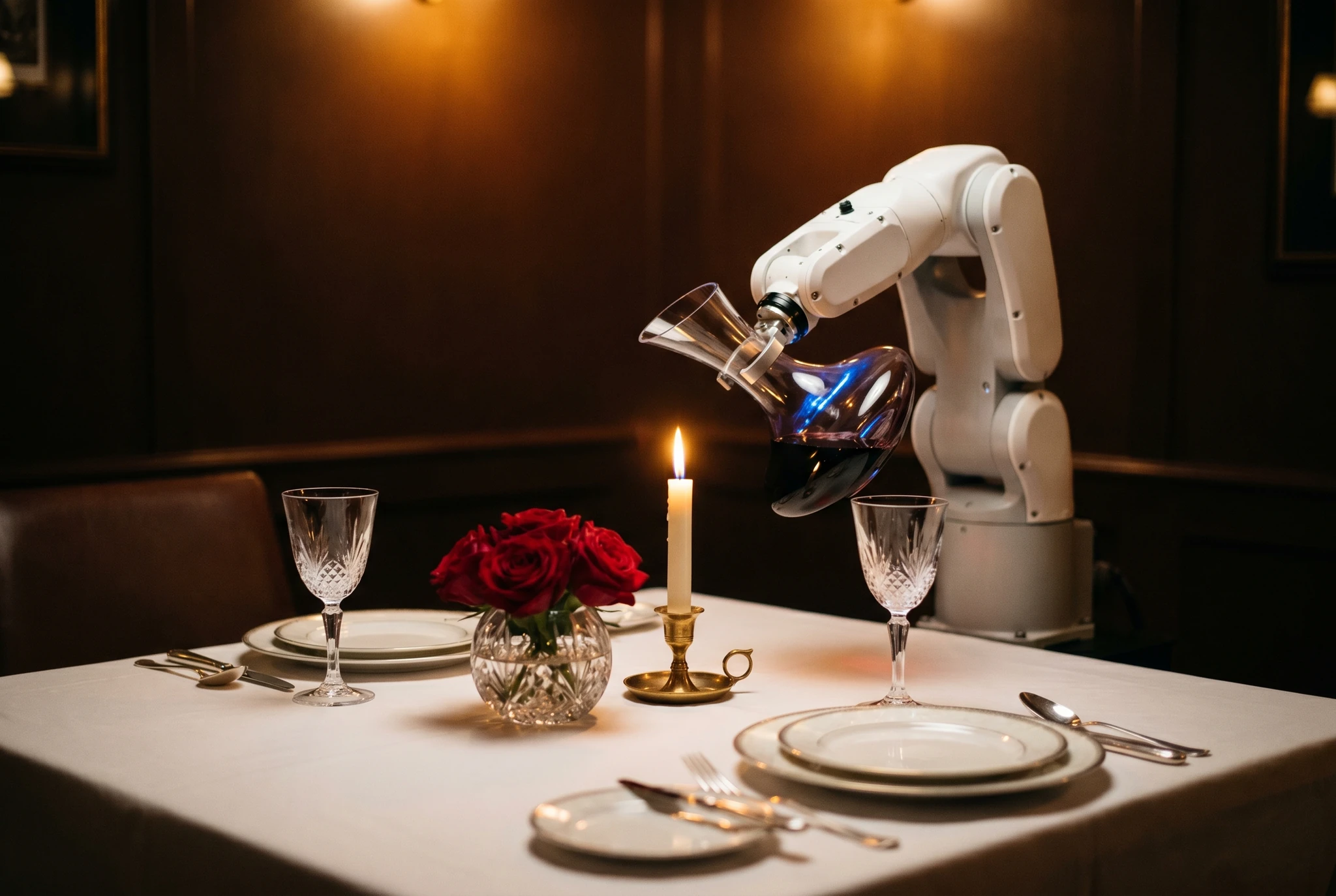 Robotic arm pouring wine at candlelit dining setting