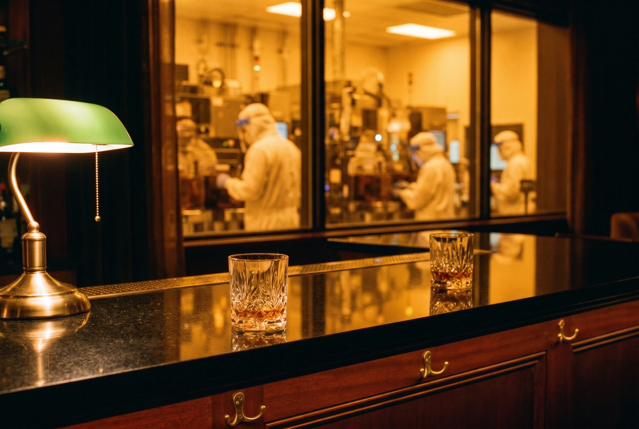 Mahogany bar service with silicon wafer fabrication chamber behind