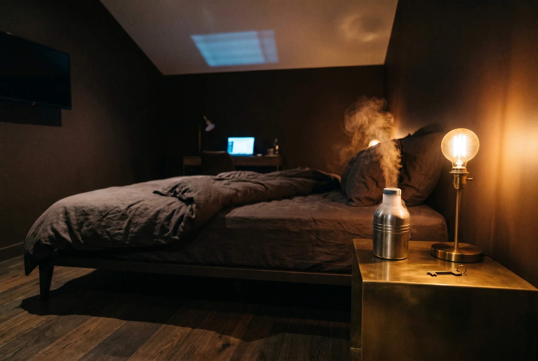 Boutique hotel room with cryogenic Dewar flask, brass lamp key